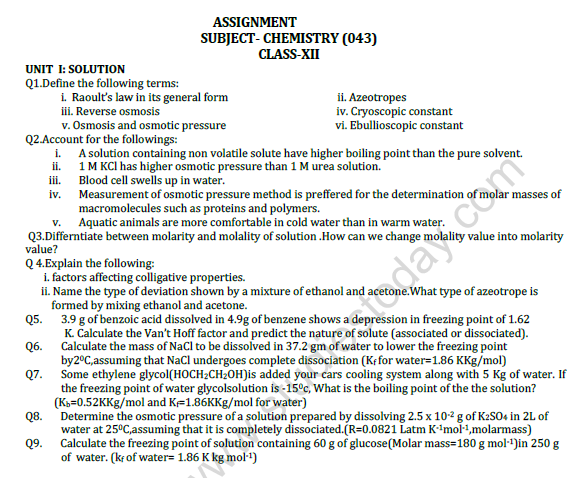 CBSE Class 12 Chemistry All Chapters Questions Bank